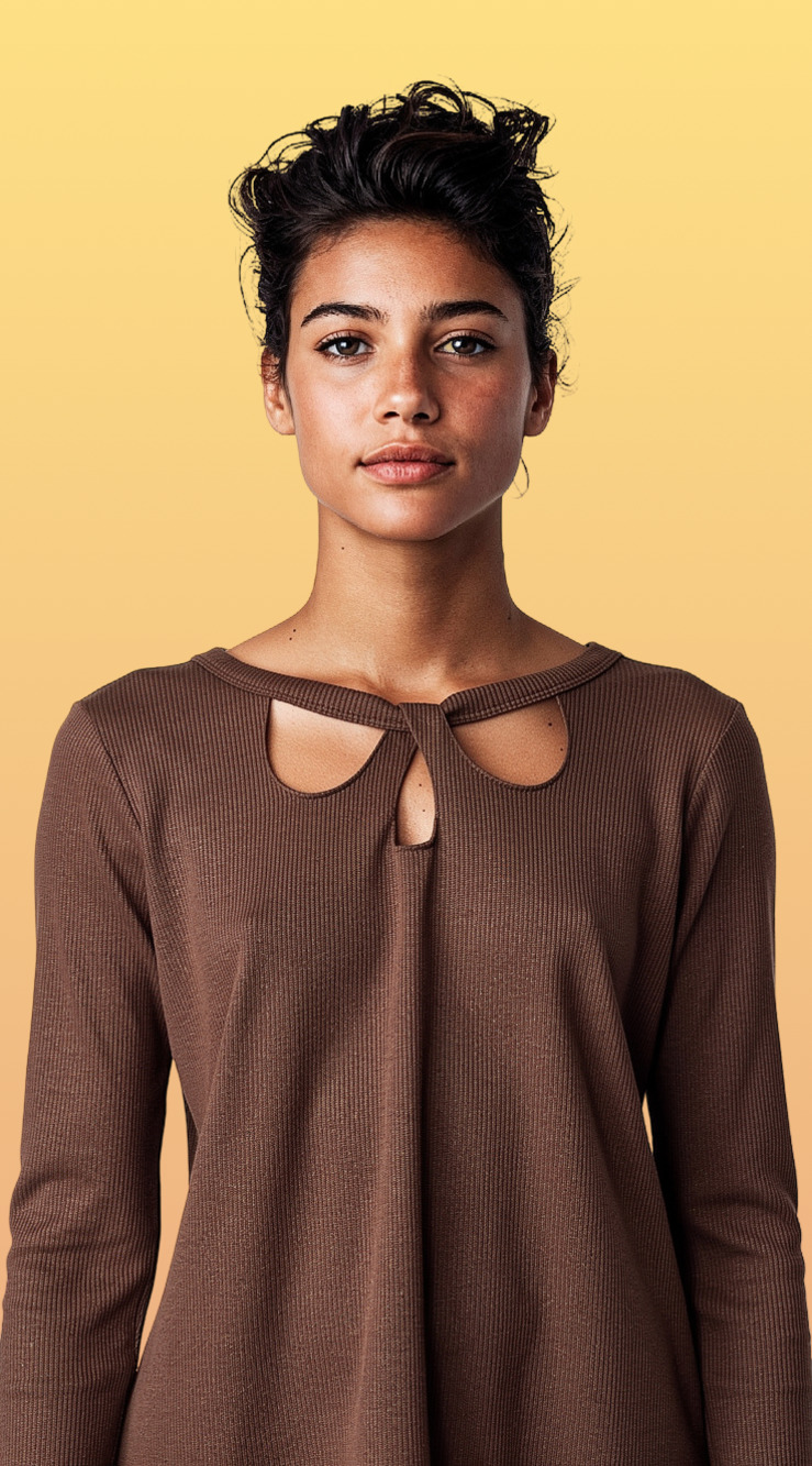 Pink Queen Brown Ribbed Knit Long Sleeve Keyhole Cut-Out Top